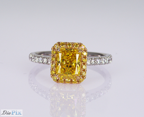 1.1ct Forma radiante Fantasia amarelo vivo Laboratório Criado Anel de diamante 18K Gold Set
