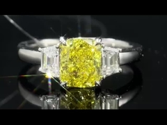 HPHT 1.22ct três pedras radiante amarelo de laboratório cresceu anel de diamantes ouro 18k